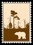 vector silhouette bear in wood on postage stamps