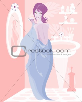 Woman, girl in a bathroom dries hairs a towel before a mirror