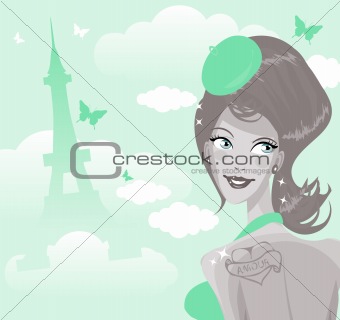 Sexy girl on a background of Tour d'Eiffel silhouette