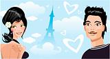 Love couple in Paris man and woman with heart in sky France