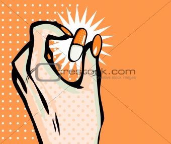 Hand icon with capsule pill symbol in comic style