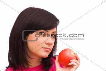 Girl with red apple isolated on white