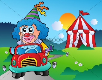 Cartoon clown in car near tent