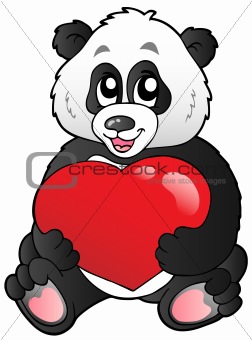 Cartoon panda holding red heart