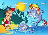 Summer beach with kids and dolphins