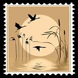 vector silhouette flying birds on postage stamps