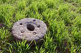 old millstone on winter crop spring field