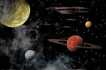 Views of the universe with several planets on a background of stars