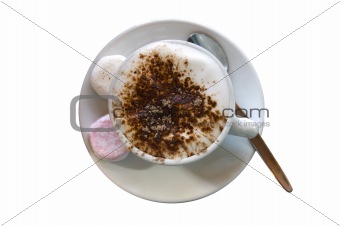 Fluffy, hot chocolate, cappuccino, coffee on white.