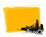 Yellow board with silhouette of city in the corner. Vector