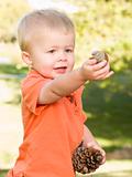 Cute Young Boy Portrait Holding Pine Cones in The Park.