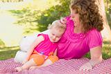 Loving Moment with Attractive Mother and Adorable Daughter on Picnic Blanket in the Park.