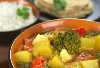 Delicious Indian Curry with Rice and Chapati