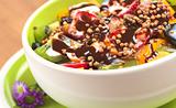 Fresh Fruit Salad with Yoghurt, Chocolate Sauce and Cereal 