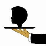 vector hand of the waiter with head on tray