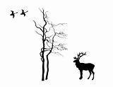 vector silhouette deer near tree on white background