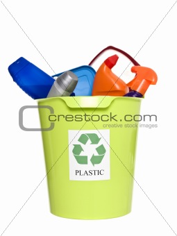 Recycling bin with plastic products