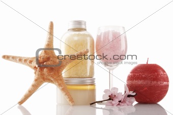 Spa products, candle and cherry flower