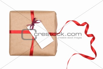 gift box with red ribbon and blank label