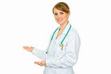 Welcome! Friendly medical doctor woman inviting to cooperation
