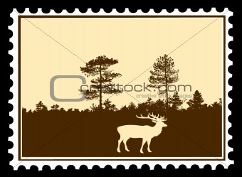 vector silhouette deer on postage stamps