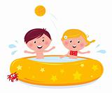 Little girl and boy splashing in the swimming pool - isolated on