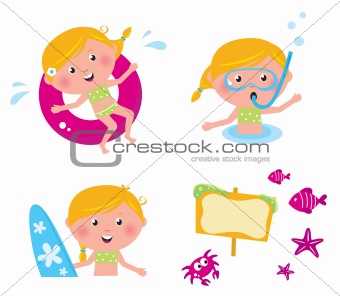 Vector collection summer icons, swimming kids isolated on white
