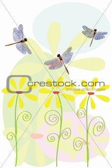 Vector flowers and dragonfly