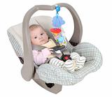 Baby in child car seat isolated over white background