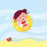 Illustration of cute smiling girl swimming in the sea near beach
