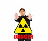 radiation danger! Portrait of scared young businessman
