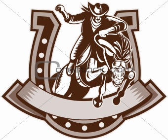 Rodeo cowboy riding bronco horse horseshoe