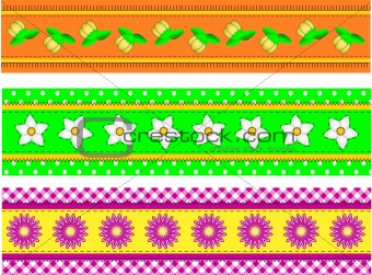 Vector EPS10 Three Flower Borders with Dots, Gingham and Stitches