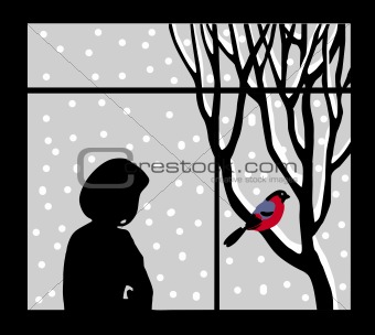 vector silhouette of the woman against window 