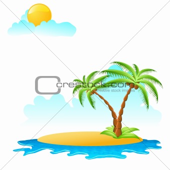 tropical palm on island with sea waves