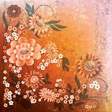 abstract grunge floral background with flowers on orange