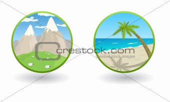 Vector travel icons with sea and mountains 