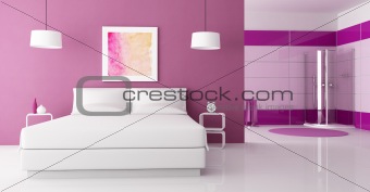 purple bedroom with cabin shower