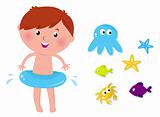 Cute swimming boy and sea animals - isolated on white background