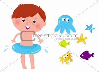 Cute swimming boy and sea animals - isolated on white background