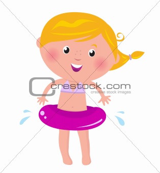 Cute happy blond girl with swimming ring - isolated on white
