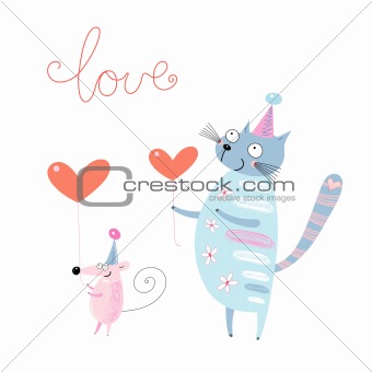 funny cat and mouse with hearts