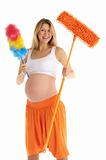 happy pregnant woman with a mop and brush