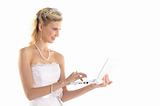 happy bride with laptop