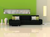 interior of the modern room, green wall and black sofa