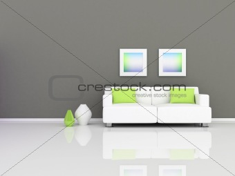 interior of the modern room, grey wall and white sofa