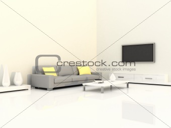 interior of the modern room, white wall and grey sofa