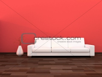 Interior of the modern room,light red wall and white sofa