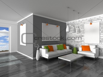 interior of the modern room, grey wall and white sofas