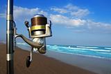 Beach surfcasting spinning fishing reel and rod